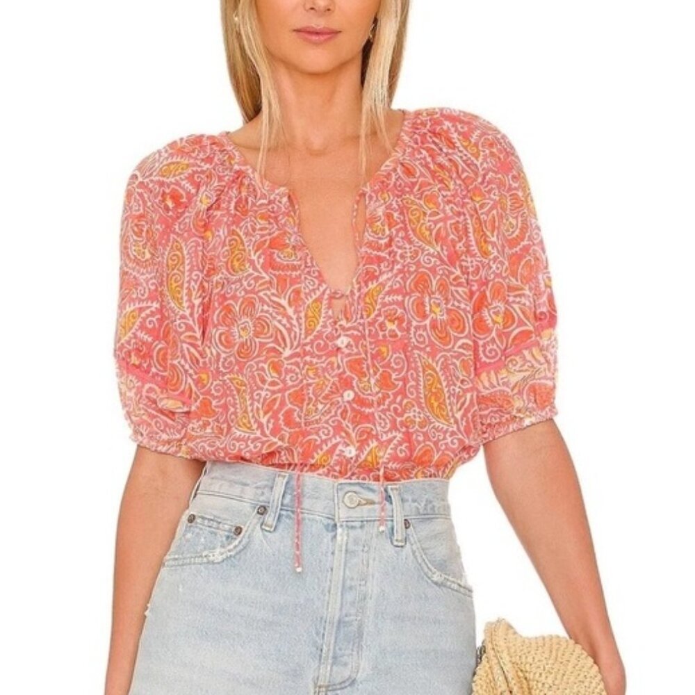 Cleobella Coral Blossom Block Print Blouse Medium Summer Boho - Picture 2 of 9